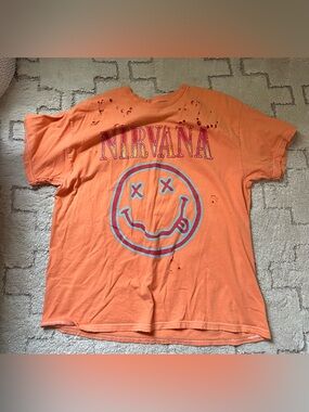 NIRVANA Orange Smiley Face Graphic Tee size large